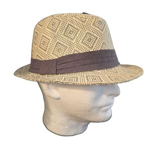 Fedora Trilby Cream and Gray Patterned Paper Woven Men's Hat 22.5"